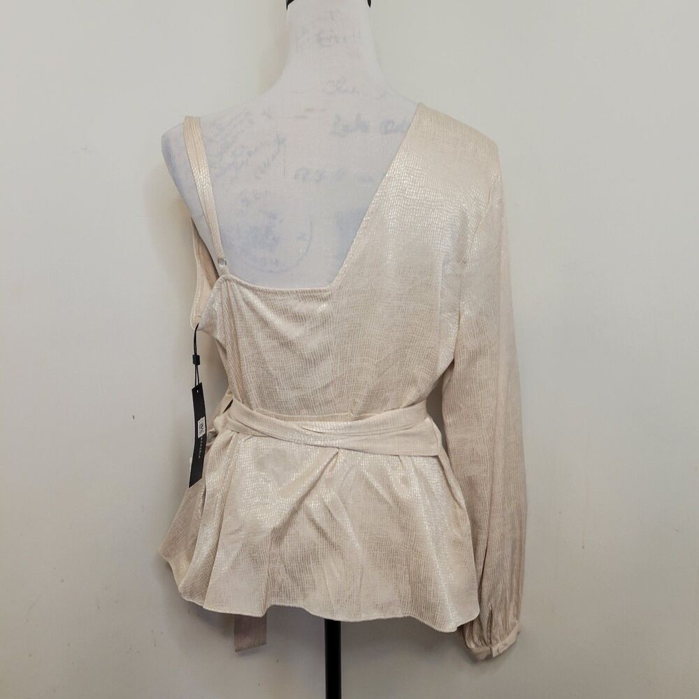 BCBG Max Azria Women’s One-Shoulder Wrap Blouse Beige Size Large NWT - Picture 10 of 10